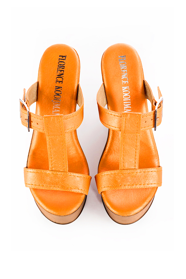 Apricot orange women's fully open mule sandals. Round toe. Very high wedge soles. Top view - Florence KOOIJMAN